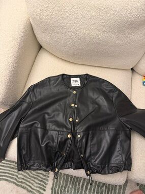 ZARA Black Faux Leather Snap-Front Jacket